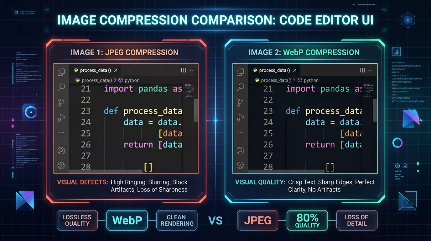 UI Screenshot Compression: JPEG 8x8 DCT Ringing vs WebP Intra-Prediction